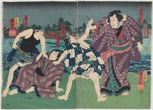 Actores Arashi Kichisaburo III como Nuregami Chogoro y Nakamura Fukusuke I como Yogoro de Utagawa Kuniyoshi